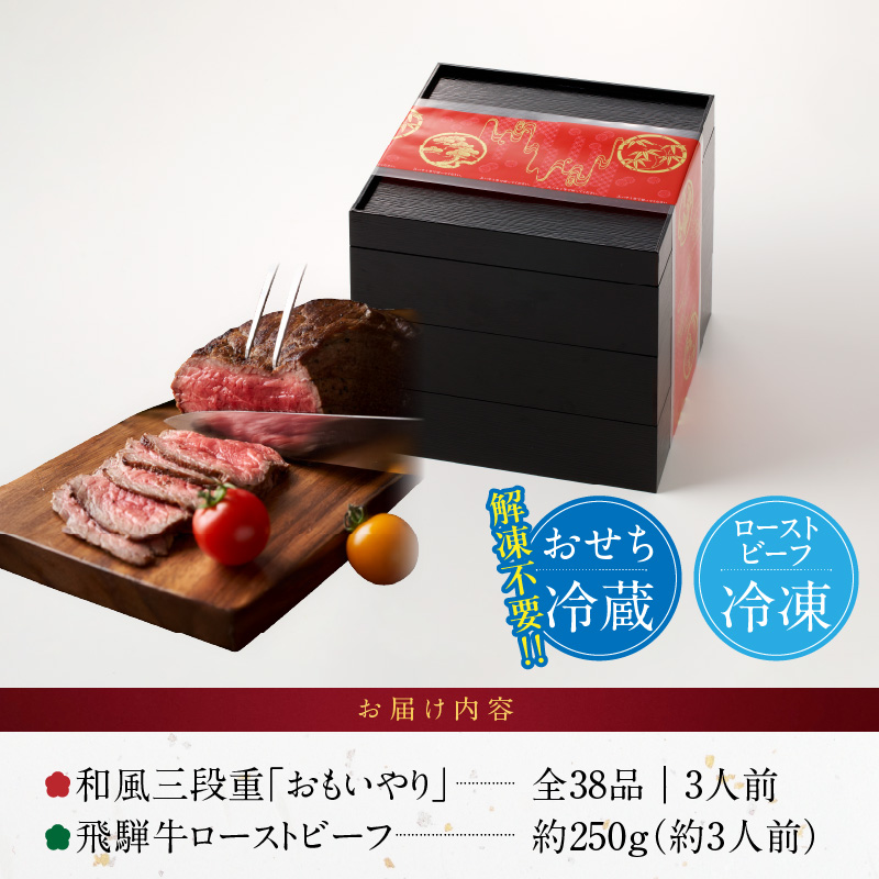 肉のひぐち 飛騨牛ローストビーフ と 千賀屋謹製 迎春おせち料理 和風三段重「おもいやり」セット【おせち 2027 おせち料理 小牧市 お節 冷蔵おせち 人気 新春 迎春おせち 飛騨牛 ブランド牛 和牛 ローストビーフ 国産牛 定番おせち 本格おせち 和風おせち】