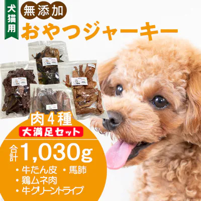 【大満足セット】犬猫用 無添加おやつジャーキー 肉4種詰め合わせ 牛たん皮・馬肺・鶏ムネ肉・牛グリーントライプ 総量1030g