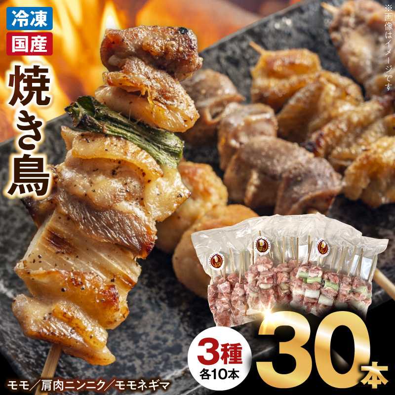 冷凍国産鶏 焼鳥串　30本（30g×10本×3袋入）※3種詰め合わせ 焼き鳥 おつまみ バーベキュー 小分け ［129T04］