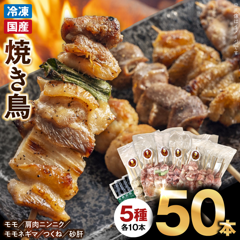 【大満足セット】冷凍国産鶏 焼き鳥串 人気の5種 合計50本セット 小分け パック ［129T07］