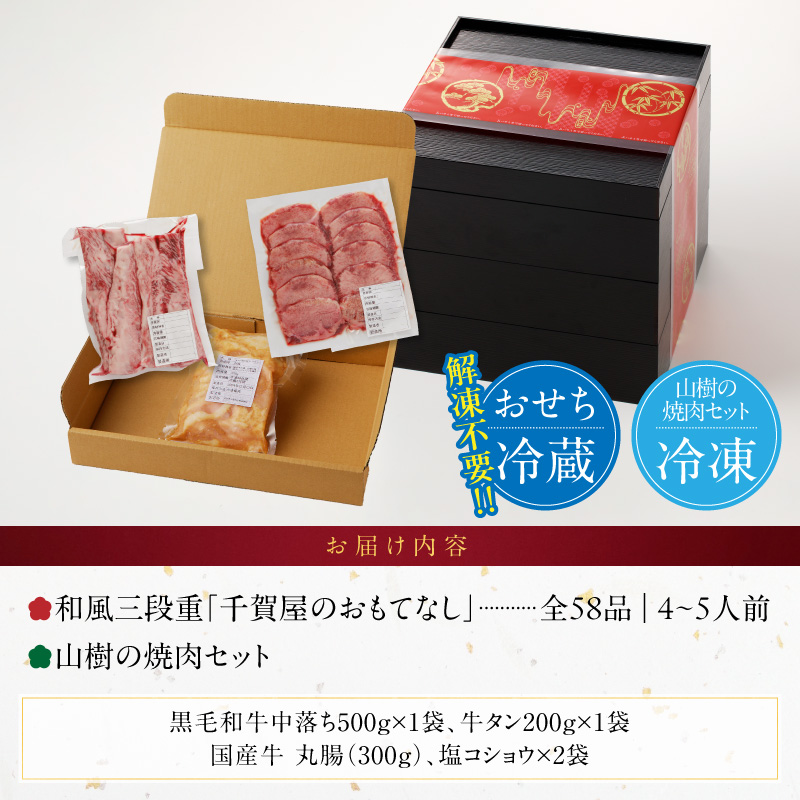 山樹 本格焼肉セット と 迎春おせち料理 和風三段重「千賀屋のおもてなし」セット【おせち 2027 おせち料理 小牧市 お節 冷蔵おせち 人気 新春 迎春おせち 焼肉 焼き肉 牛タン ホルモン カルビ 和牛 黒毛和牛 国産牛 牛肉 定番おせち 本格おせち 和風おせち】 ［035S10-C］