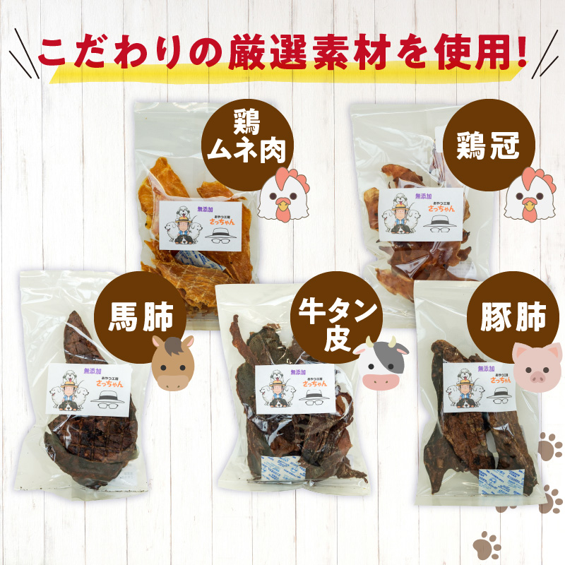 【6ヶ月定期便】犬猫用 無添加おやつジャーキー 肉シリーズ ５袋詰め合わせ