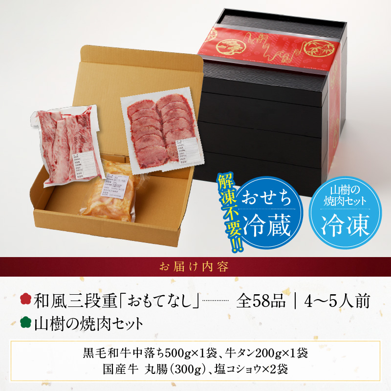 山樹 本格焼肉セット と 千賀屋謹製 迎春おせち料理 和風三段重「おもてなし」セット【おせち 2027 おせち料理 小牧市 お節 冷蔵おせち 人気 新春 迎春おせち 焼肉 焼き肉 牛タン ホルモン カルビ 和牛 黒毛和牛 国産牛 牛肉 定番おせち 本格おせち 和風おせち】