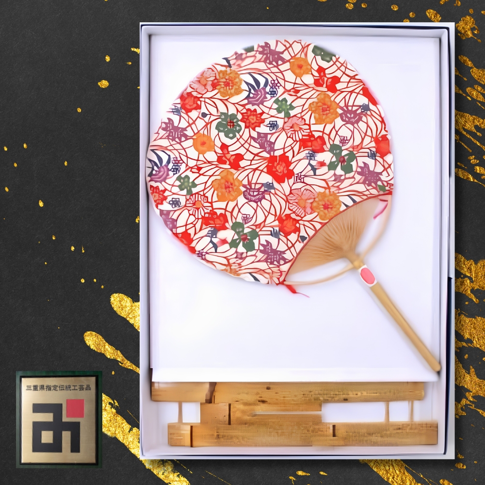 日永うちわ　香る（中）  両用うちわ立て付　Ａ花と草　ベージュ