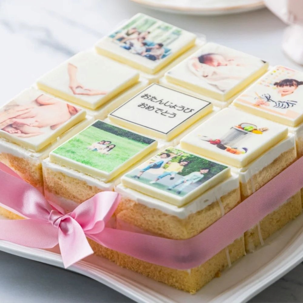 【スイーツ】お気に入りの写真をホワイトチョコにプリント！オリジナルの美味しいケーキを。 9ピース アルバムケーキ