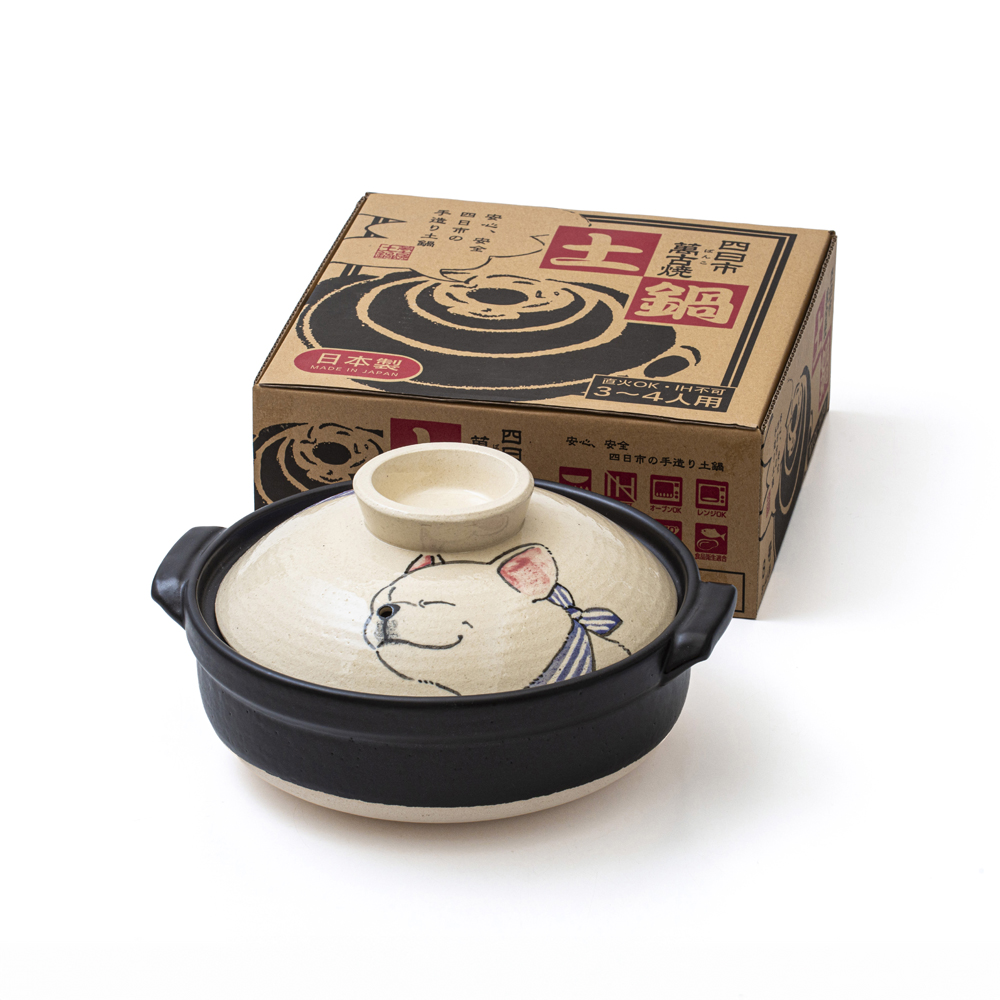 【萬古焼（ばんこやき）】暮らしの美術品 絵付けアーティストの個性が光るHandmade土鍋。絵付けART工房・平尾製陶 土鍋「鼻イキの荒いフレンチブルドッグ」9号  │手描き 土鍋 ハンドメイド アート デザイン 鍋  家庭用 4人用 4人前 5人前 5人用 家族 冬 煮込み 手芸 工芸 三重県 四日市市
