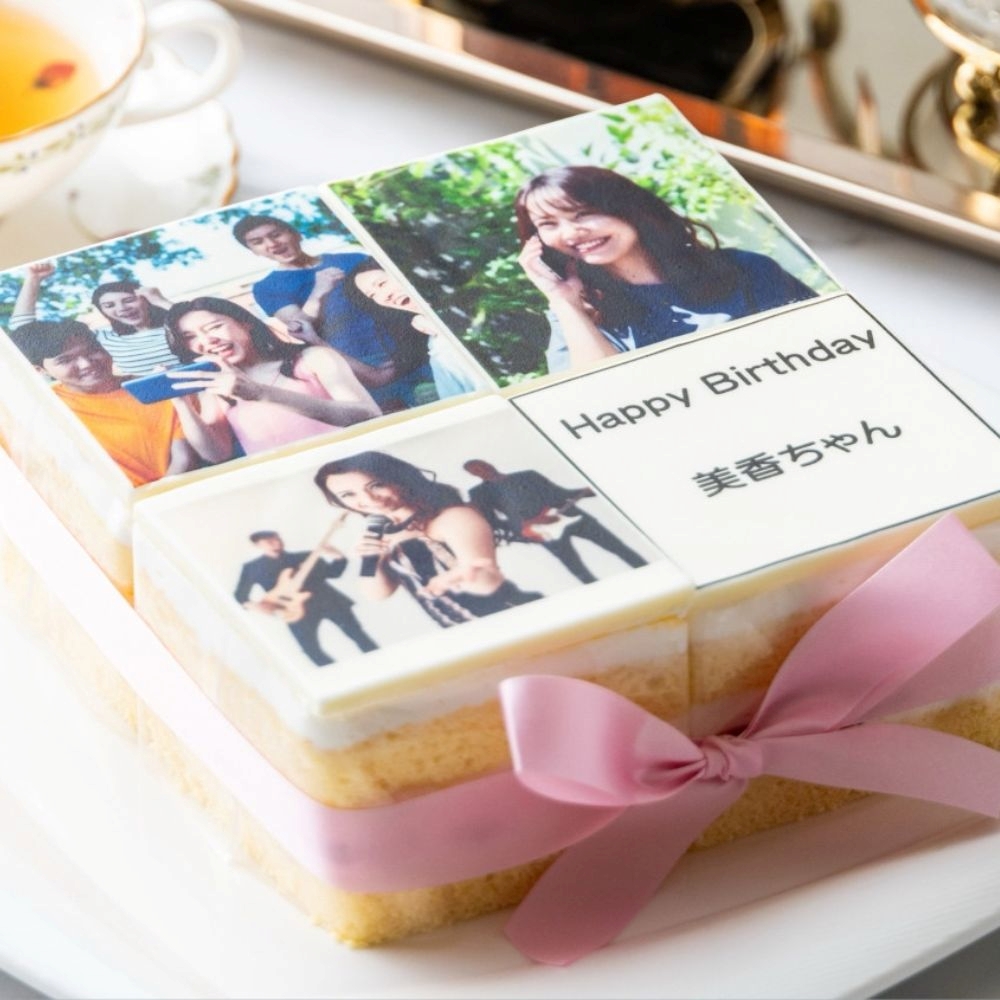 【スイーツ】お気に入りの写真をホワイトチョコにプリント！オリジナルの美味しいケーキを。 4ピース アルバムケーキ（文字あり）
