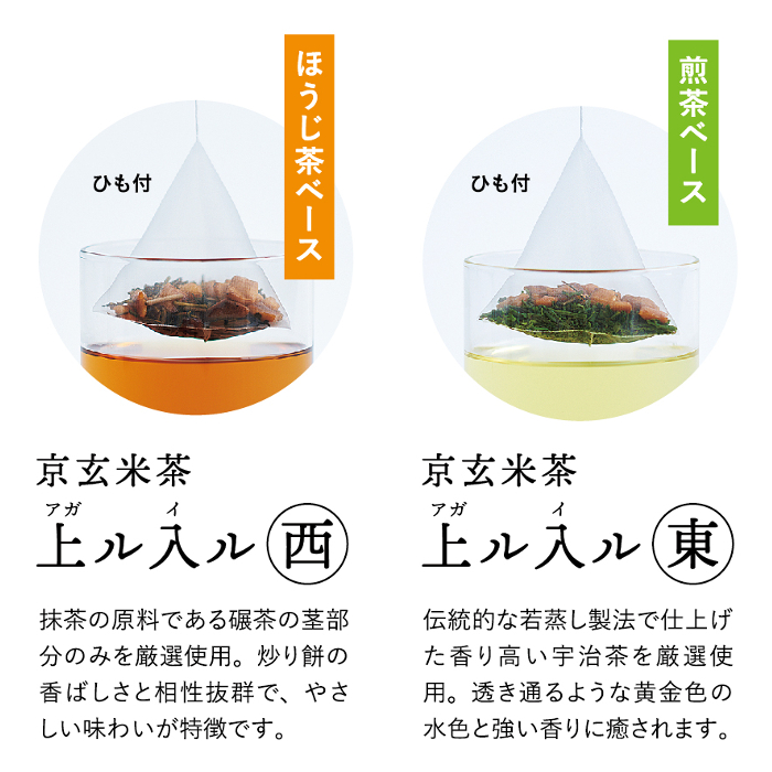 京玄米茶　上ル入ル (東西) ティーバッグ（東4g×15袋　西4g×15袋）〈お茶 茶 玄米茶 煎茶 緑茶 宇治茶 甜茶 茎ほうじ茶 ほうじ茶 ティーバッグ 炒り餅 若蒸し ブレンド 飲料〉56210349
