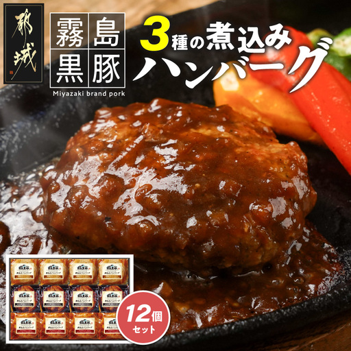 霧島黒豚 3種の煮込みハンバーグ 12個セット (デミグラスソース仕立て・和風おろしソース仕立て・大人の照焼きソース仕立て)〔28-001-12〕