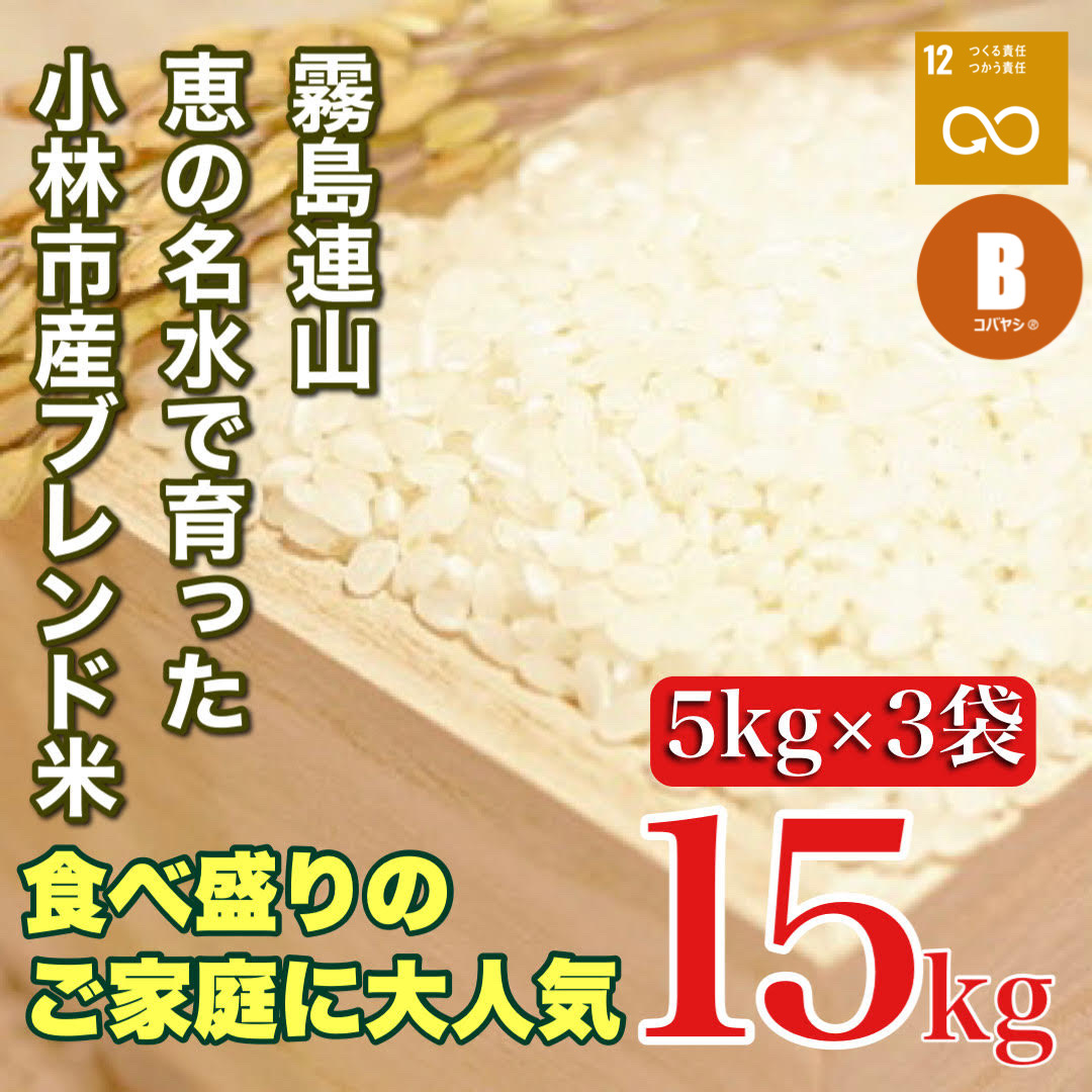 【生活応援米】湧水で育った小林市産ブレンド米 15kg（5kg×3袋 お米 米 ブレンド米 白米 精米 家庭用）