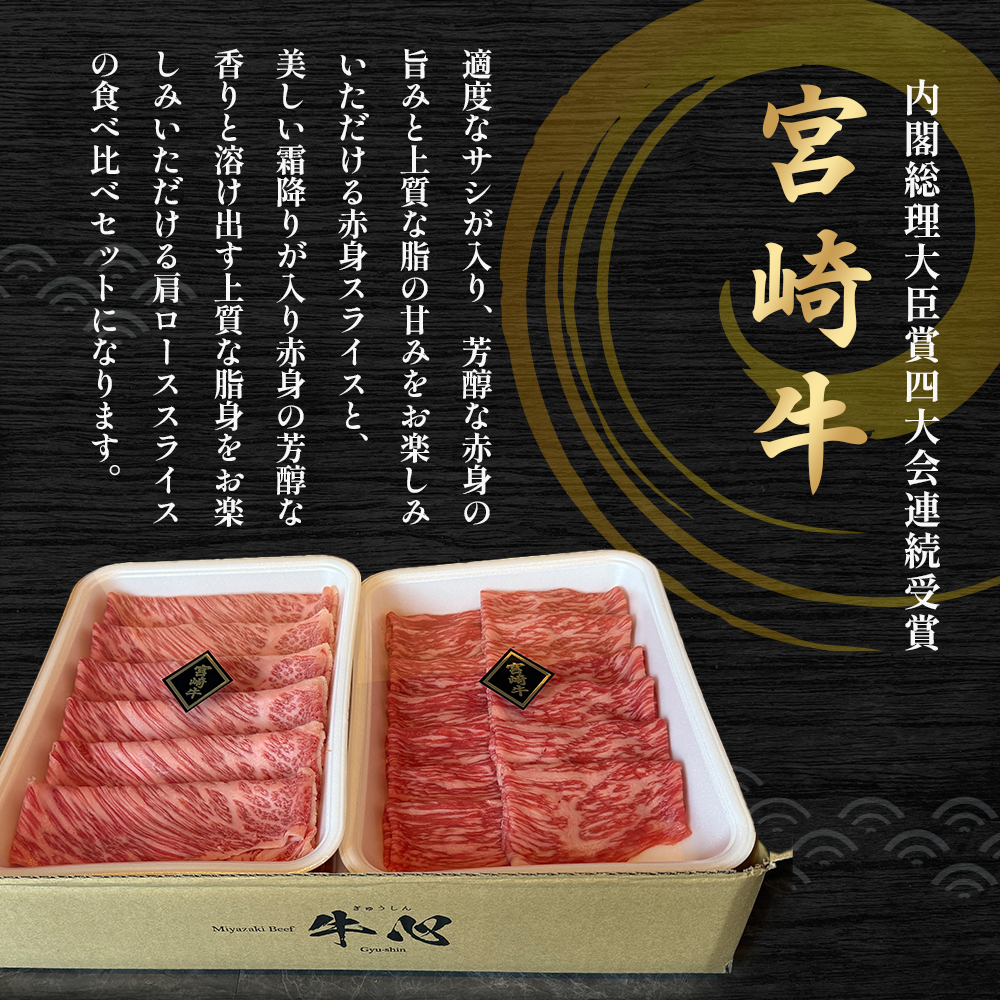 A4等級以上 宮崎牛赤身・ローススライス食べ比べ 800g （400g×2） 内閣総理大臣賞 牛肉 和牛 黒毛和牛 ブランド牛 宮崎牛 和牛 国産 赤身スライス モモ ロース ロース肉 スライス肉 食べ比べ A4 A5