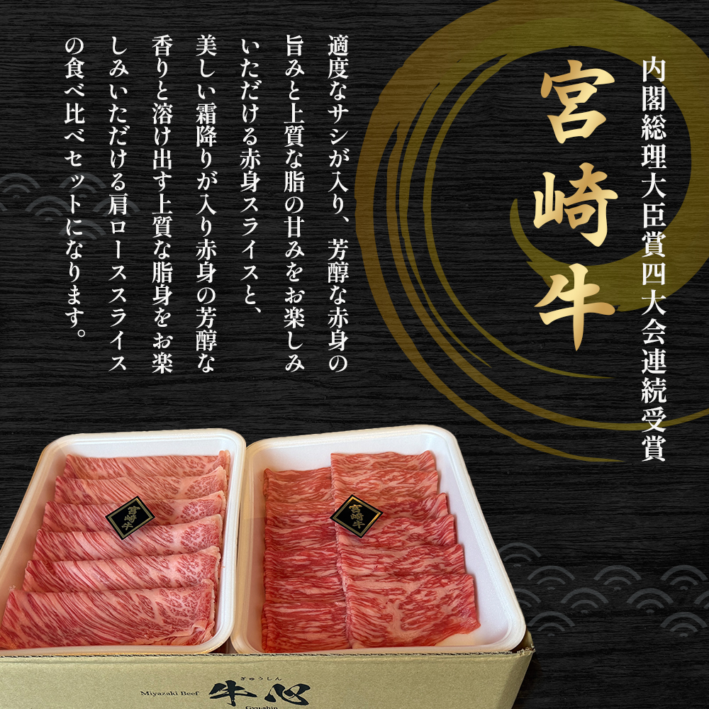 A4等級以上 宮崎牛赤身・ローススライス食べ比べ 1.6kg （400g×4） 内閣総理大臣賞 牛肉 和牛 黒毛和牛 ブランド牛 宮崎牛 和牛 国産 赤身スライス モモ ロース ロース肉 スライス肉 食べ比べ A4 A5