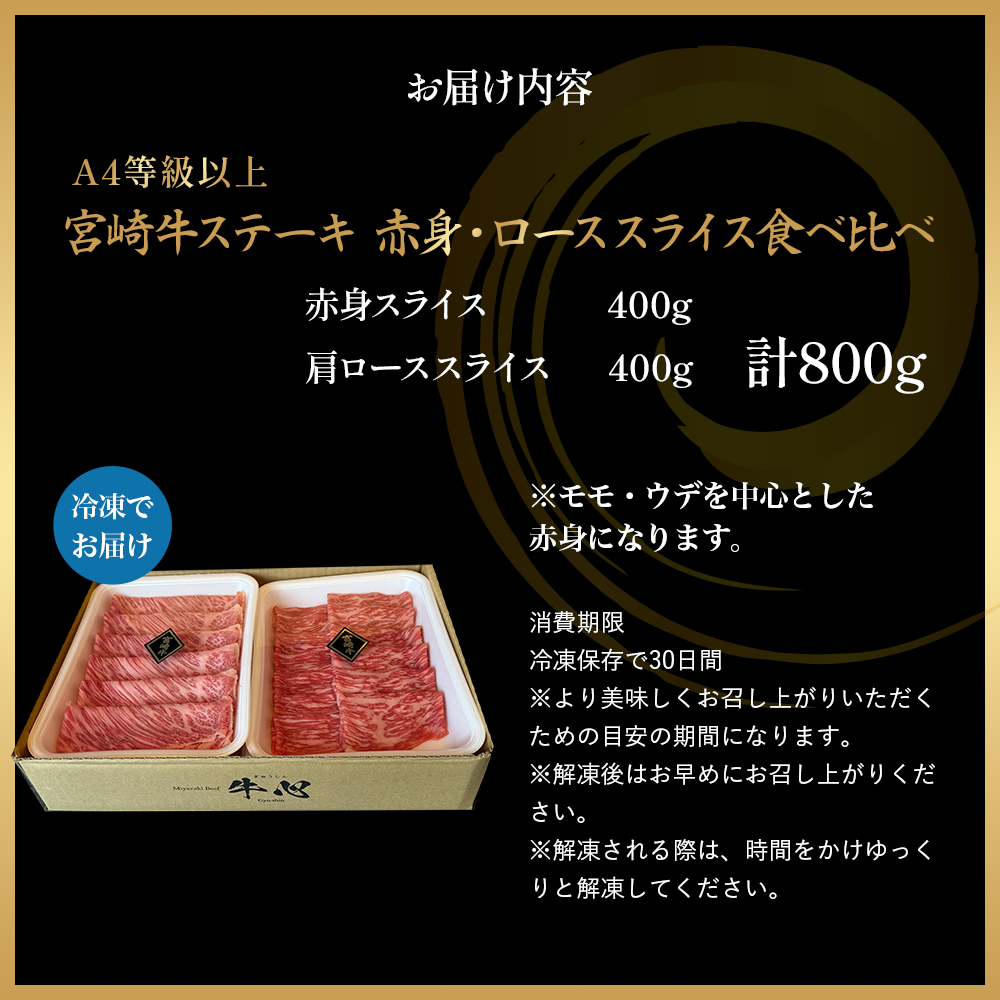 A4等級以上 宮崎牛赤身・ローススライス食べ比べ 800g （400g×2） 内閣総理大臣賞 牛肉 和牛 黒毛和牛 ブランド牛 宮崎牛 和牛 国産 赤身スライス モモ ロース ロース肉 スライス肉 食べ比べ A4 A5