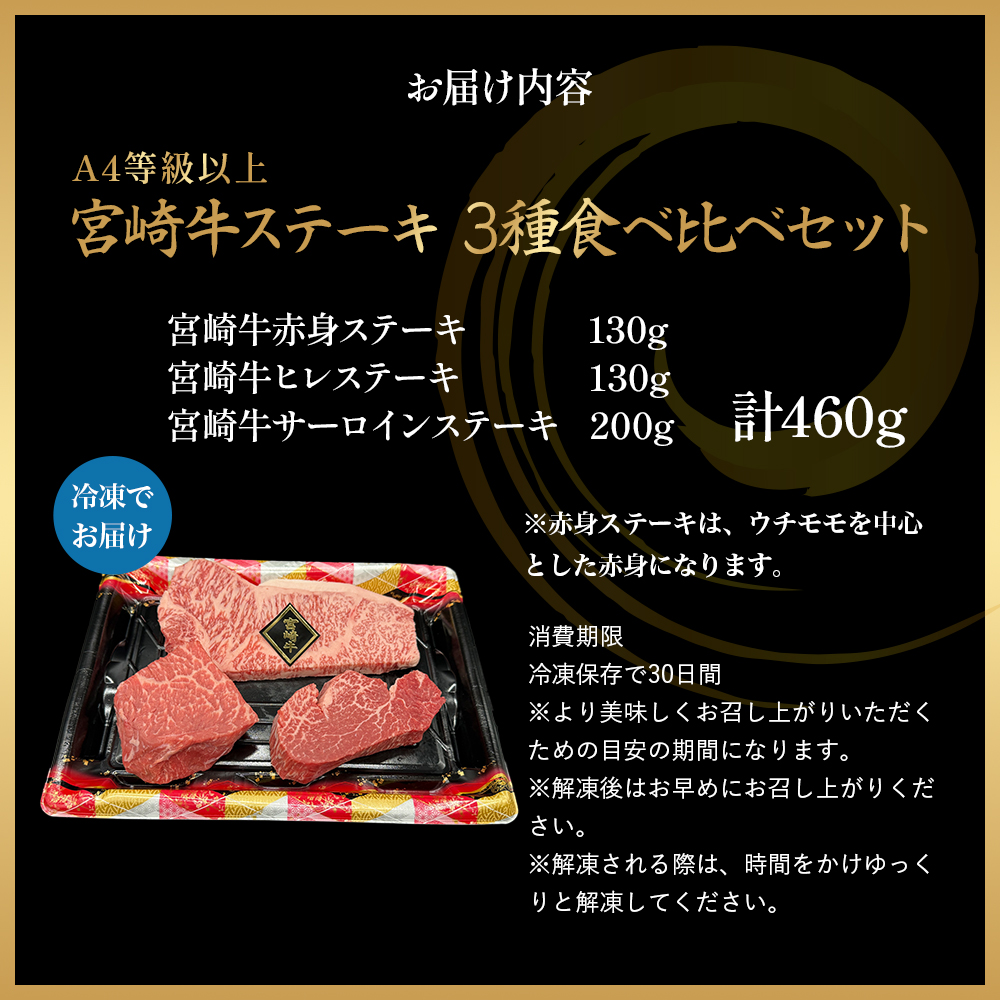 A4等級以上 宮崎牛ステーキ 3種食べ比べセット （460g） 内閣総理大臣賞 牛肉 和牛 黒毛和牛 ブランド牛 宮崎牛 和牛 国産 ヒレ ヒレステーキ サーロイン サーロインステーキ 赤身 赤身ステーキ 食べ比べ ステーキ A4 A5