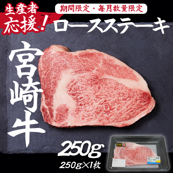 【生産者応援！】宮崎牛ロースステーキ250g（ 宮崎牛 国産 牛肉 和牛 霜降り ステーキ ロース 冷凍 送料無料）