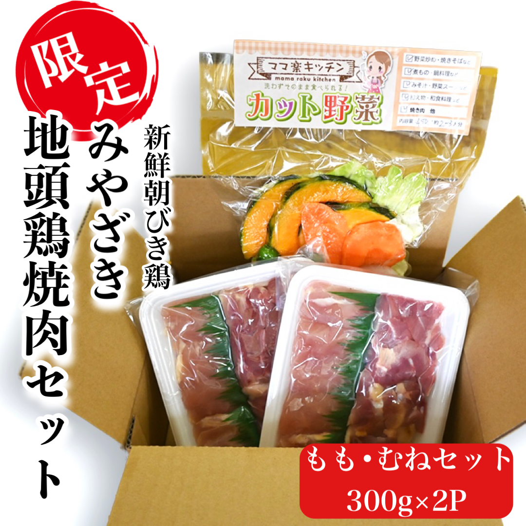 【新鮮朝びき鶏】みやざき地頭鶏焼肉セット（カット野菜付き）（国産 鶏 鶏肉 地鶏 小分け モモ肉 もも肉 ムネ肉 むね肉 焼肉 炭火焼 宮崎 小林市）