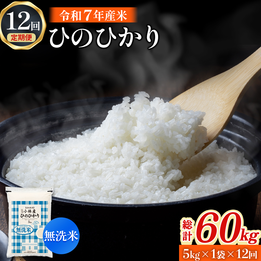 【令和7年産米】無洗米ヒノヒカリ 5kg×12回 お米 米 ヒノヒカリ 無洗米 定期便 令和7年産 国産 人気 お弁当 おにぎり 宮崎県 小林市
