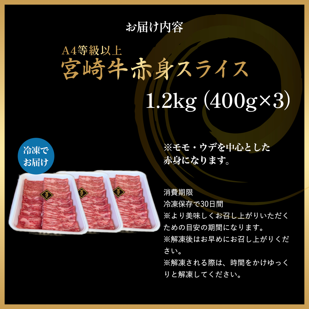 A4等級以上 宮崎牛赤身スライス 1.2kg（400g×3） 内閣総理大臣賞 牛肉 和牛 黒毛和牛 ブランド牛 宮崎牛 和牛 国産 スライス 赤身 モモ A4 A5