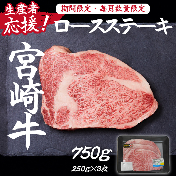 【生産者応援！】宮崎牛ロースステーキ750g（250g×3枚 宮崎牛 和牛  国産 牛肉  霜降り ステーキ ロース 冷凍 送料無料）