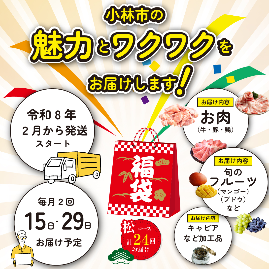 【定期便・全24回】新春おたのしみ 福袋 松（牛肉 豚肉 鶏肉 果物 フルーツ 2026 限定 定期便 先行予約 宮崎 小林市）