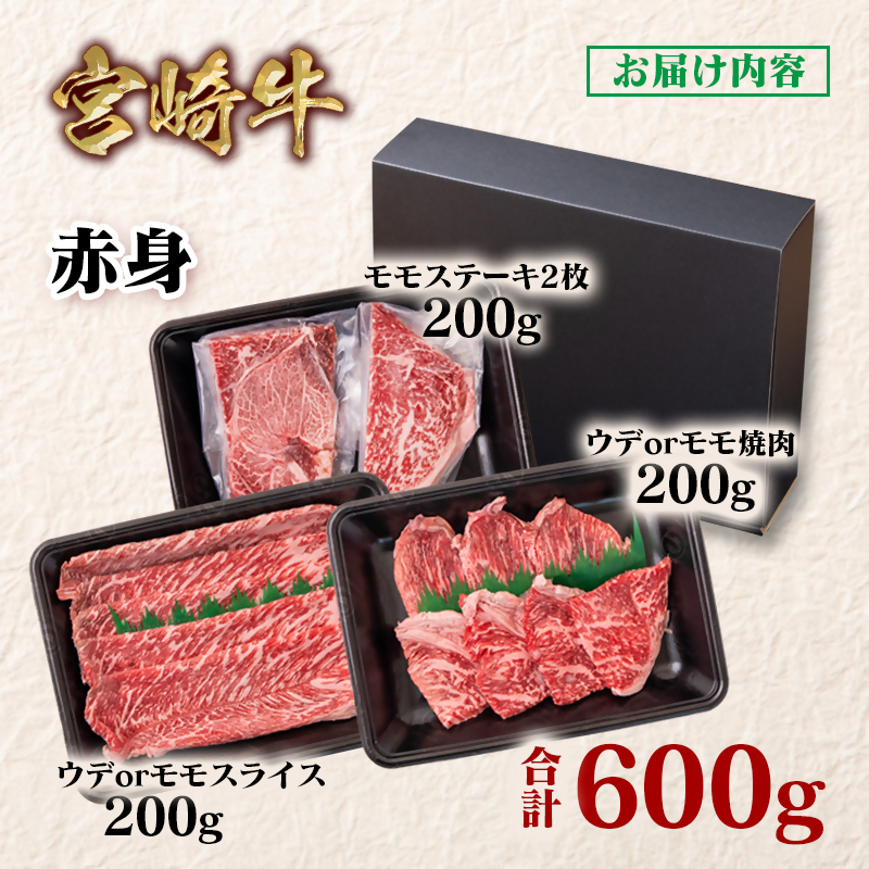 宮崎牛 赤身堪能セット 計600g スライス 焼肉 ステーキ ブランド牛 A4～A5等級 内閣総理大臣賞4連覇＜58-12a＞