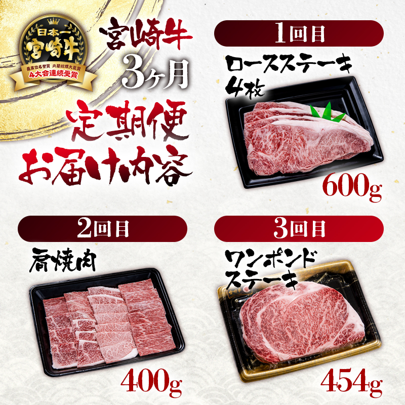 宮崎牛 3ケ月定期便 ステーキ 焼肉 A4～A5等級 内閣総理大臣賞4連覇【日本ハム】＜56-9a＞
