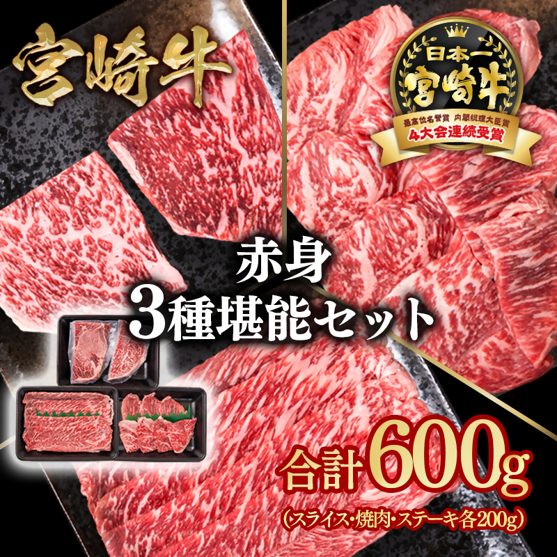宮崎牛 赤身堪能セット 計600g スライス 焼肉 ステーキ ブランド牛 A4～A5等級 内閣総理大臣賞4連覇＜58-12a＞