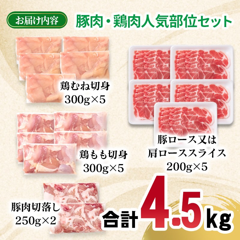 宮崎県産豚肉・鶏肉よくばり4.5kgセット 豚肉切落し500g 豚肉ロース又は肩ローススライス1kg 鶏もも肉カット1.5kg 鶏むね肉カット1.5kg＜70-34a＞