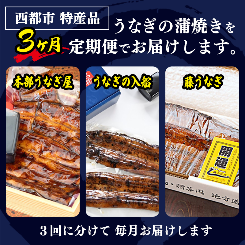 2026年発送 西都市うなぎ名店巡り 3ヶ月定期便（1月〜3月お届け）入船 本部うなぎ屋 藤うなぎ 国産 蒲焼 かば焼き 鰻 ウナギ＜1-13a＞