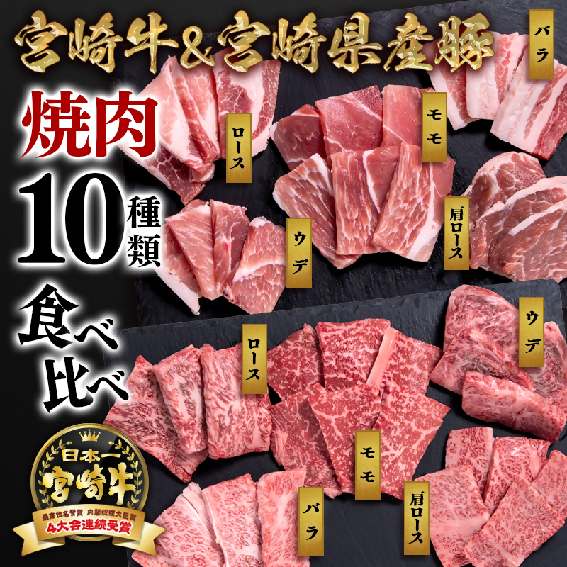 宮崎牛＆宮崎県産豚肉 焼肉10種盛り 食べ比べセット計600g  4等級以上 内閣総理大臣賞4連覇＜47-3b＞