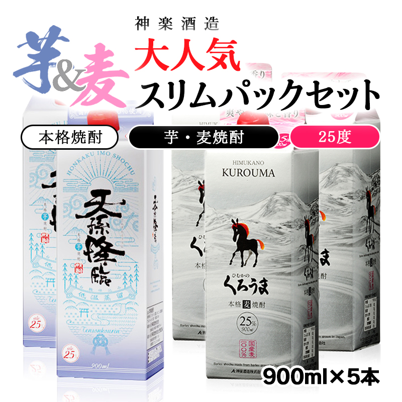 神楽酒造 大人気「芋・麦」スリムパック5本セット 「くろうま」3本「天孫降臨」2本 25度 900ml入り＜26-15a＞