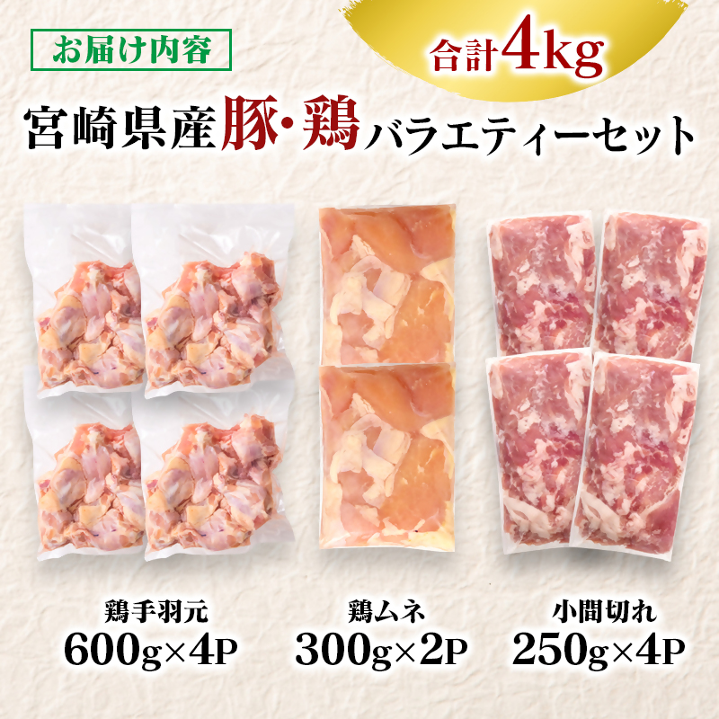 宮崎県産豚＆鶏 3種盛り4kgセット 豚小間切れ 鶏手羽 鶏ムネ＜58-39a＞
