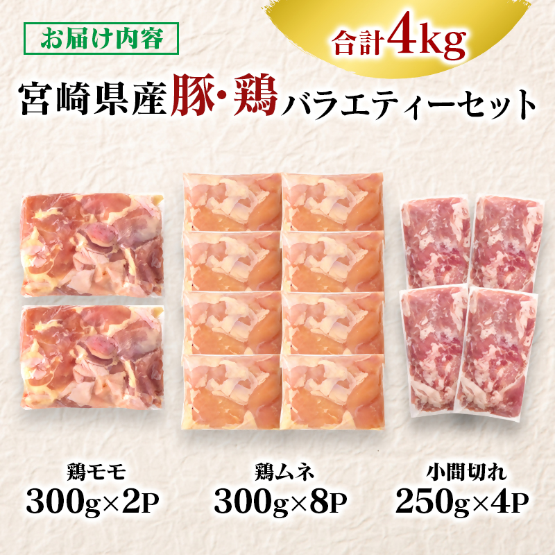 宮崎県産豚＆鶏 3種 バラエティ4kgセット 小間切れ モモ肉 むね肉＜58-27a＞