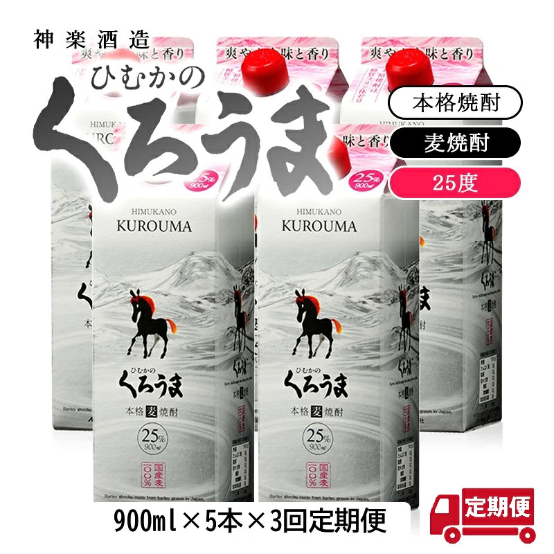 【３カ月定期便】神楽酒造『ひむかのくろうま』25度 900ml 5パック×3回 麦焼酎 五合＜1-9a＞