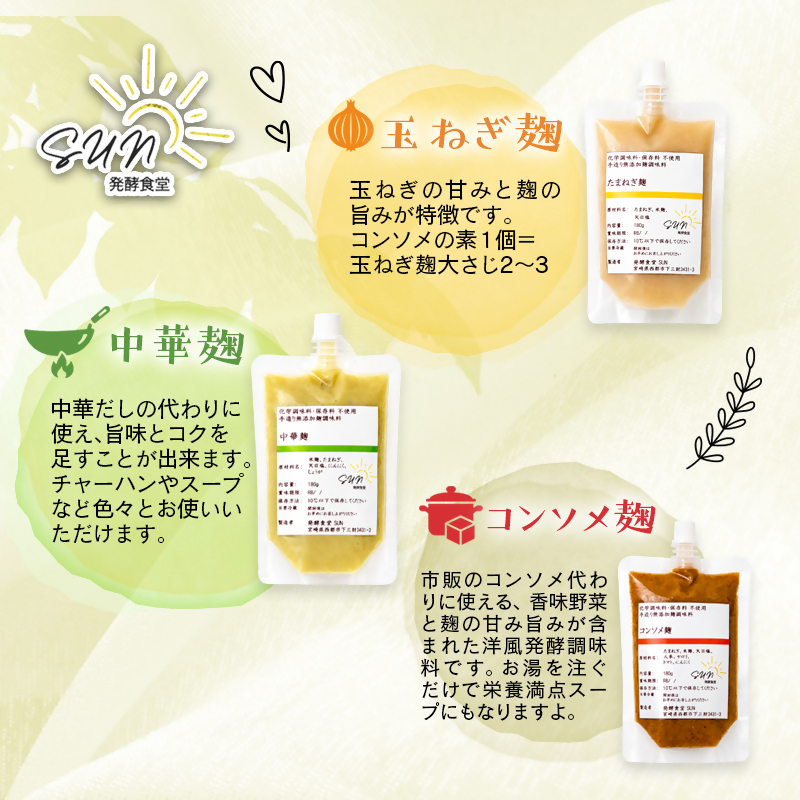 【毎日の健康に】発酵調味料 『麹調味料基本7種詰め合わせ』 塩麹・醤油麹・玉ねぎ麹・生姜麹・にんにく麹・中華麹・コンソメ麹 180ml×7 発酵食堂SUN＜74-3a＞
