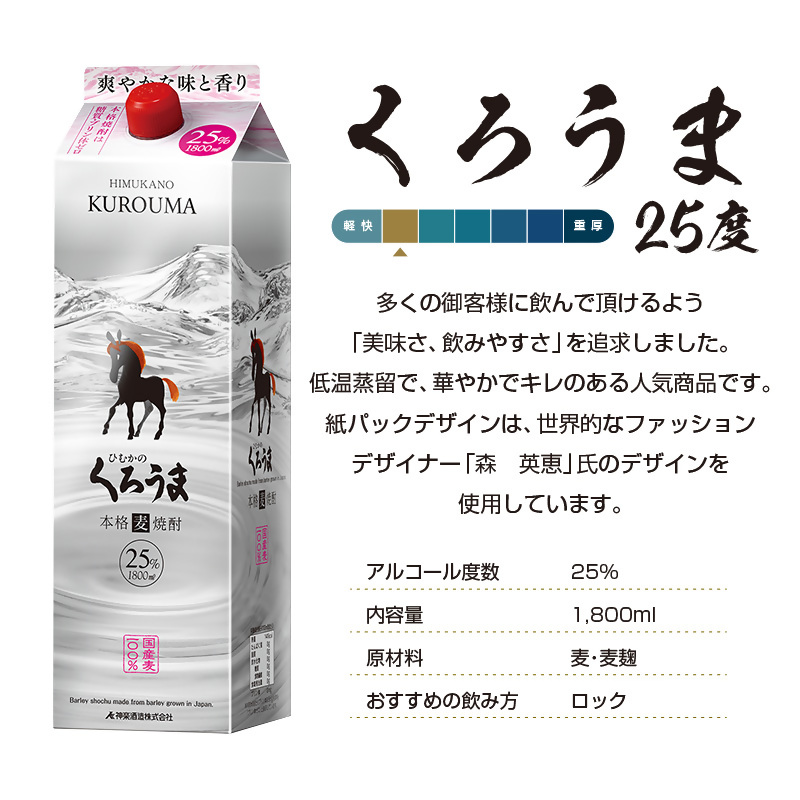 【神楽酒造】定番焼酎 麦焼酎くろうま 25度 1800ml×3本 紙パック＜18-33a＞