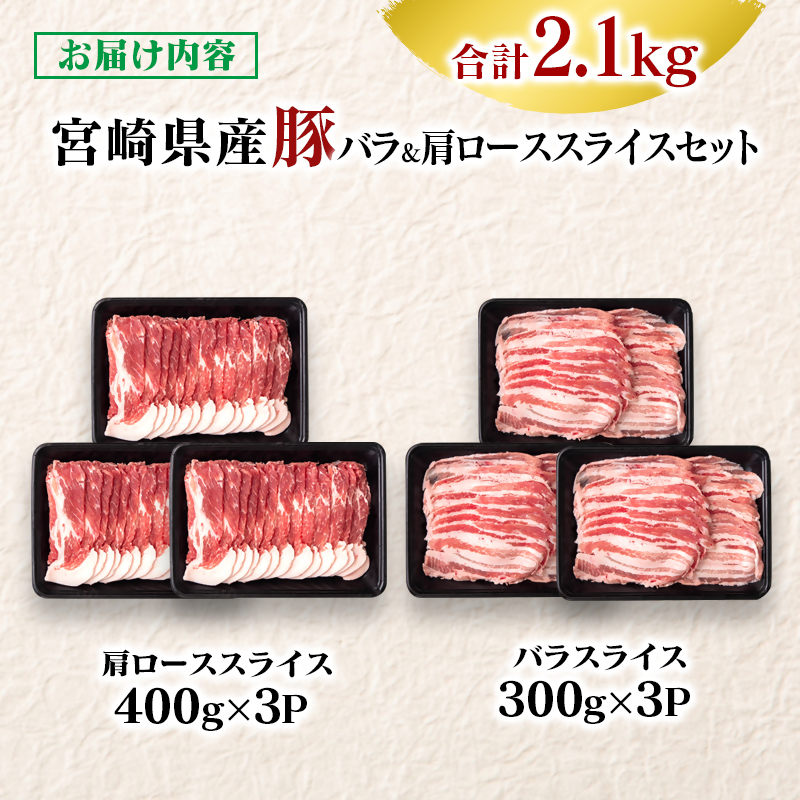 【最速便】宮崎県産豚肉 豚バラ＆肩ローススライス2.1kgセット しゃぶしゃぶ＜58-38a＞