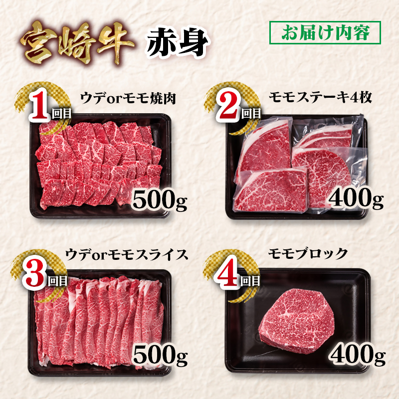 【定期便】宮崎牛  赤身4回定期便 焼肉・ステーキ・スライス・ブロック ブランド牛 A4～A5等級 内閣総理大臣賞4連覇＜58-44a＞