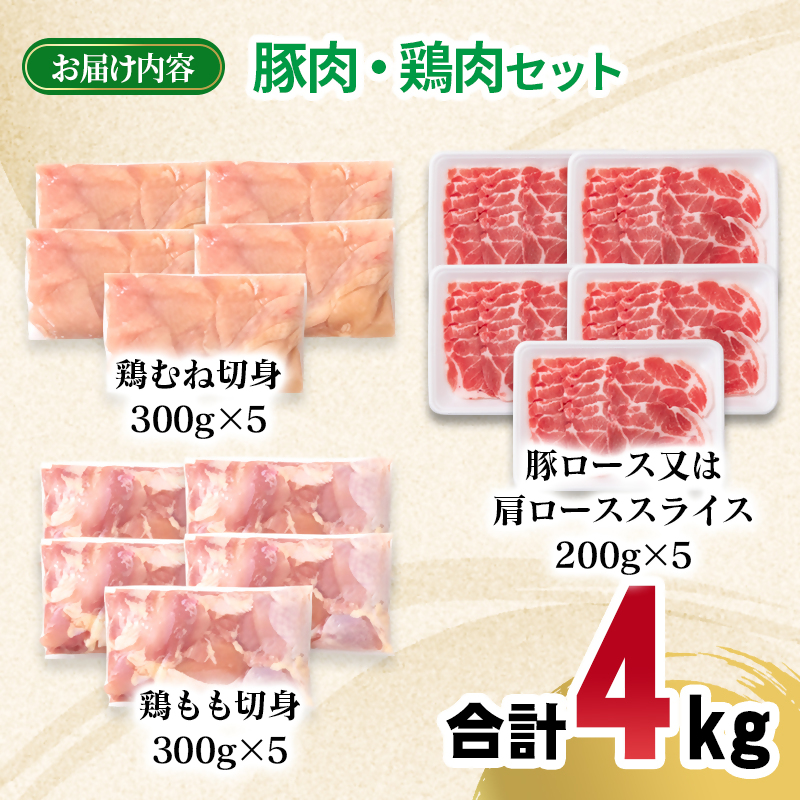 宮崎県産豚肉・鶏肉 合計4kg便利セット 豚肉ロース又は肩ローススライス1kg 鶏もも肉カット1.5kg 鶏むね肉カット1.5kg＜70-32a＞