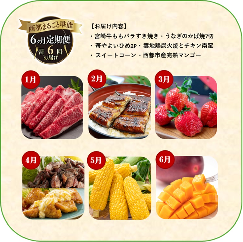 2027年発送【季節の定期便】6ヶ月毎月届く 西都まるごと堪能セット6品お届け！【先行予約】Aコース 宮崎完熟マンゴー 宮崎牛 うなぎ スイートコーン いちご 地鶏 すき焼き＜1-1a＞