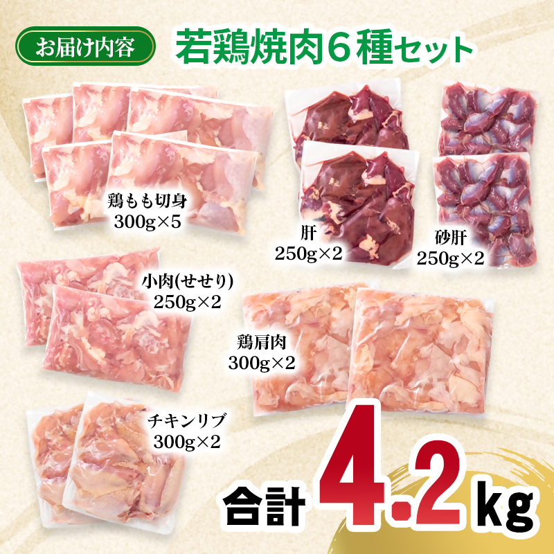 宮崎県産若鶏 6種 4.2kg 小分け もも肉  砂肝 手羽中ハーフ等々6種 小分け 15パック とり肉 国産 真空パック 切身 切り身モモ肉 肝 レバー 砂肝 せせり チキンスティック 肩肉＜ 70-11a＞