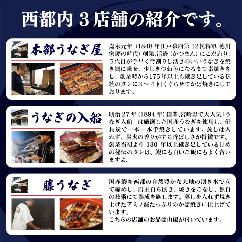 2026年発送 西都市うなぎ名店巡り 3ヶ月定期便（1月〜3月お届け）入船 本部うなぎ屋 藤うなぎ 国産 蒲焼 かば焼き 鰻 ウナギ＜1-13a＞