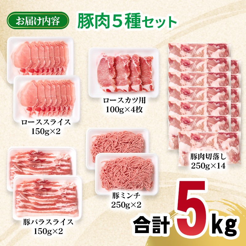 宮崎県産豚肉 5種 5kg セット 小分け21パック スライス トンカツ 切り落とし ミンチ しゃぶしゃぶ とんかつ ギョーザ 炒め物等 豚 豚すき焼き 炒め物＜70-25a＞