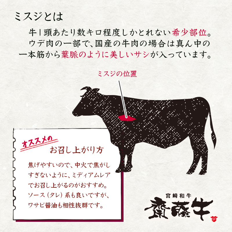 希少部位 宮崎和牛「齋藤牛」ミスジステーキ100g×5枚 ＜5-13a＞