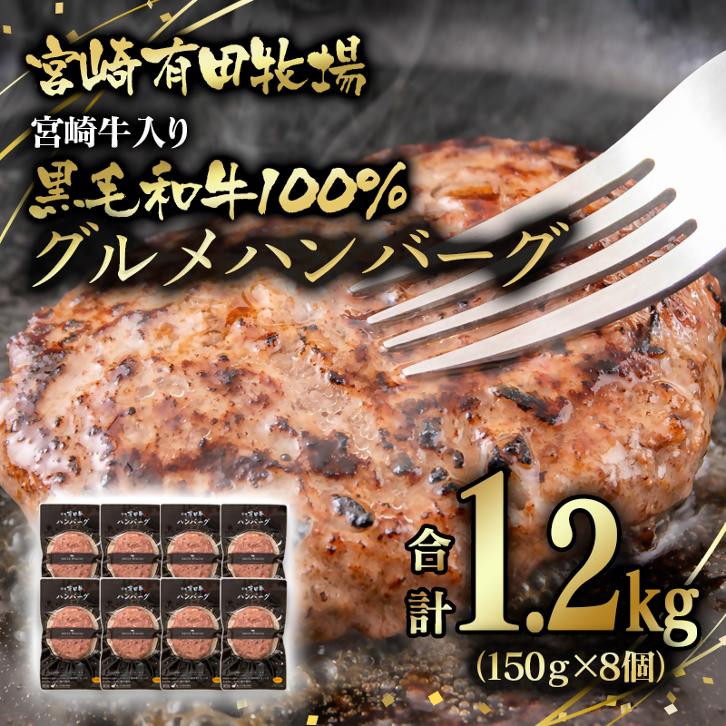 【世界グランプリ受賞】合計1.2kg！宮崎牛入り！宮崎県産黒毛和牛100%グルメハンバーグ150g×8【 テレビで紹介】 ＜14-14a＞