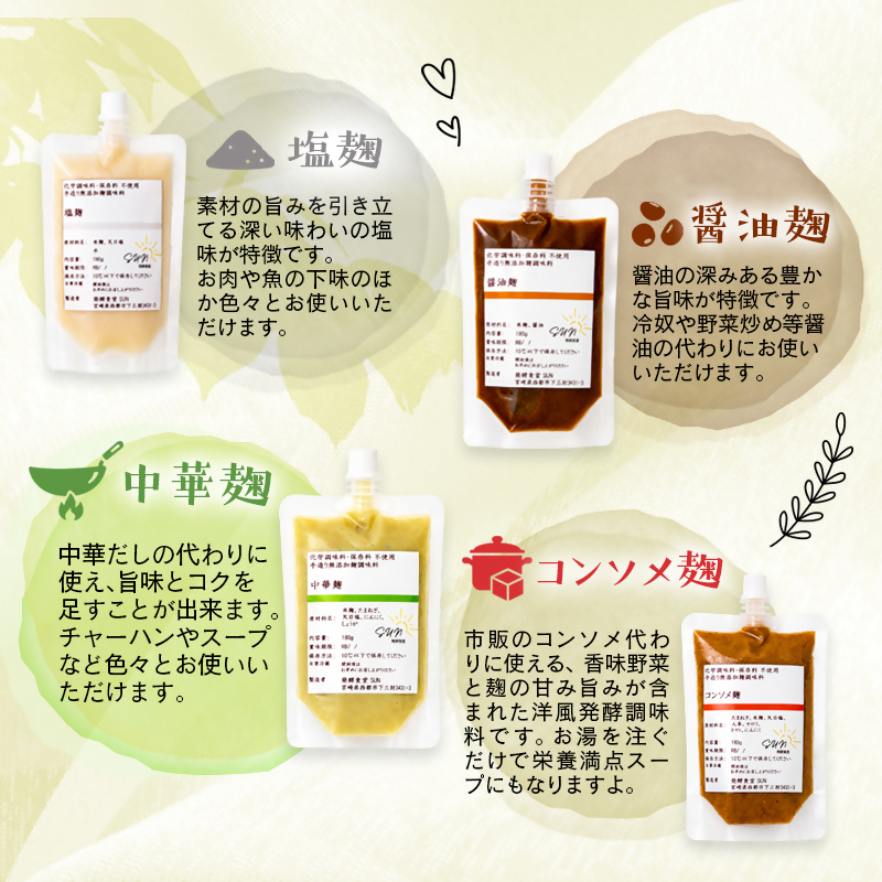【毎日の健康に】発酵調味料  『麹調味料詰め合わせB』 塩麹・醤油麹・中華麹・コンソメ麹 180ml×4種 発酵食堂SUN ＜74-2a＞