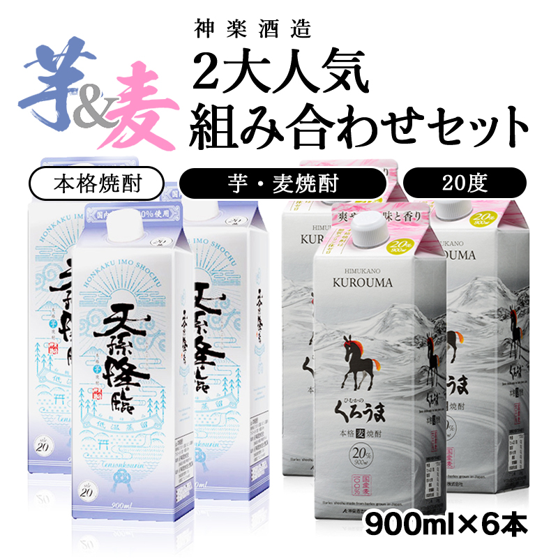 【神楽酒造】　2大人気組み合わせセット「麦焼酎 くろうま」「芋焼酎 天孫降臨」20度 900ml入り 各3P 麦焼酎 芋焼酎 お酒 焼酎 宮崎県 西都市＜26-20a＞