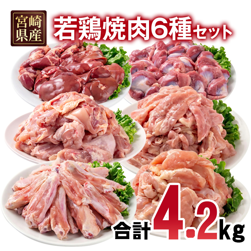 宮崎県産若鶏 6種 4.2kg 小分け もも肉  砂肝 手羽中ハーフ等々6種 小分け 15パック とり肉 国産 真空パック 切身 切り身モモ肉 肝 レバー 砂肝 せせり チキンスティック 肩肉＜ 70-11a＞