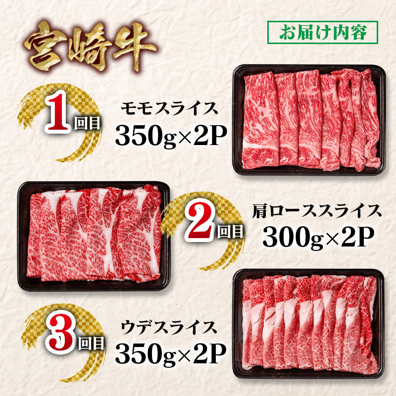 【定期便】宮崎牛 スライス 3回定期便 すき焼き  ブランド牛 A4～A5等級 内閣総理大臣賞4連覇＜58-8a＞