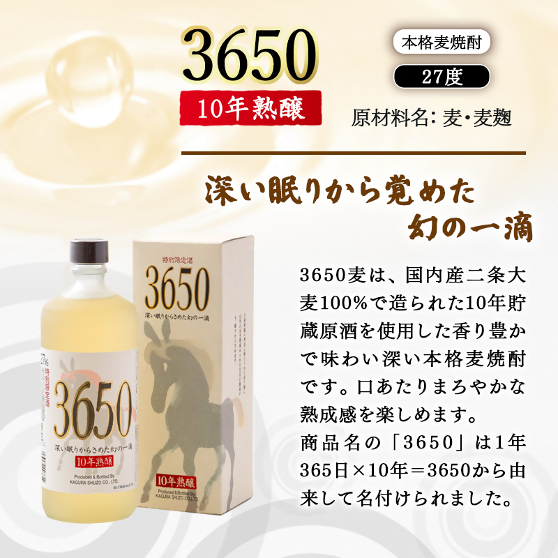 神楽酒造　10年間熟成された麦焼酎『深い眠りからさめた幻の一滴　3650』720ml ＜7-26a＞